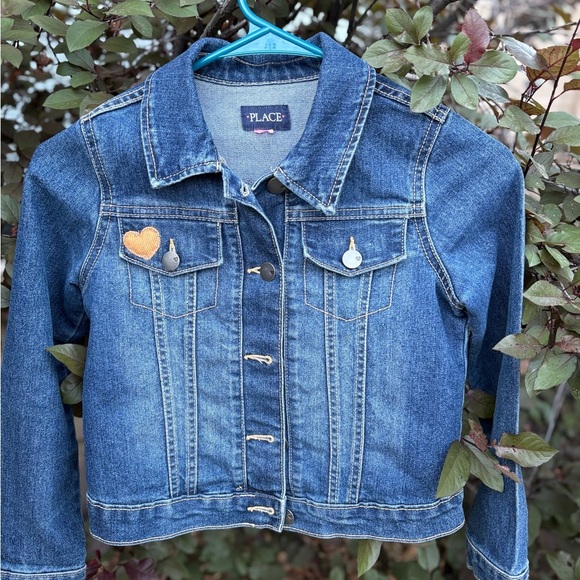 Place Other - Upcycled with Fabric Hearts 💕 Place Kids Classic Blue Jean Jacket.